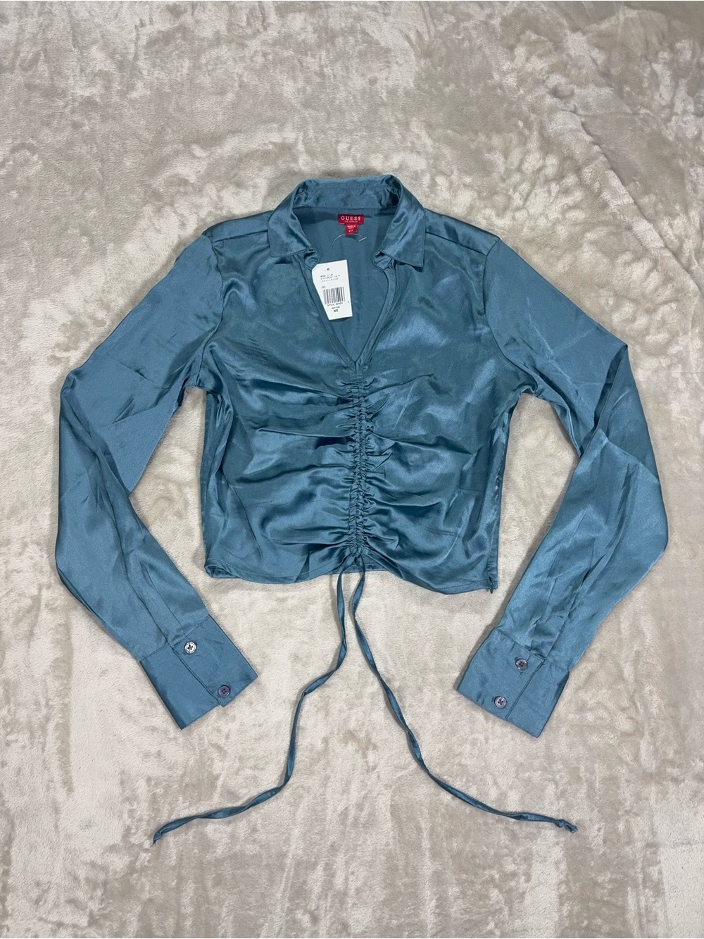 Teal Satin Ruched Crop Blouse XS Y2K City Girl Tie Front Top Chic - Picture 10 of 11